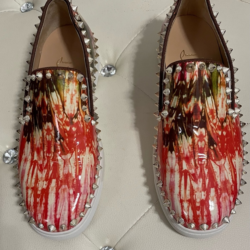 Christian Louboutin Spiked Red and Brown Slip-On Spikes Patent Leather Uppers